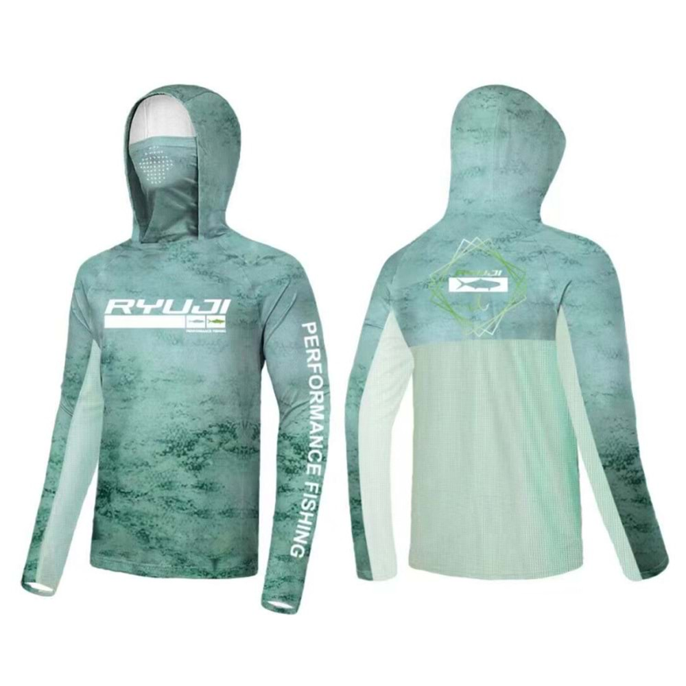 RYUJI UV PERFORMANCE HOODIE SHIRT+NECK, GREEN SKY - 2XL