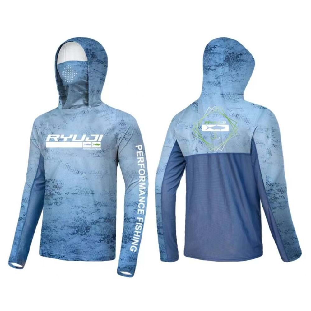 RYUJI UV PERFORMANCE HOODIE SHIRT+NECK, BLUE SKY - L