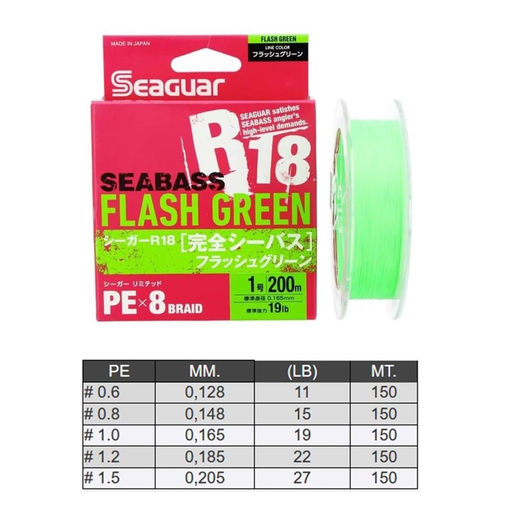 Seaguar Flash Green PE 8 Örgü Spin İp Misina 150mt Açık Yeşil - 1 PE 0.165 MM
