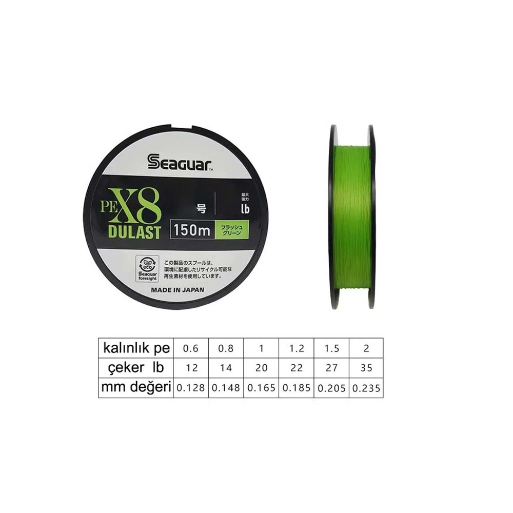 Seaguar Dulast PE 8 Örgü Spin İpi 150mt Flash Green - 1 PE 0.165 MM