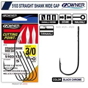 Owner 5103 Straight Shank Wide Gap Uzun Pala Lüfer İğnesi - 1/0