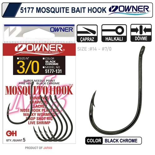 Owner 5177 Mosquito Hook Black Chrome 2/0